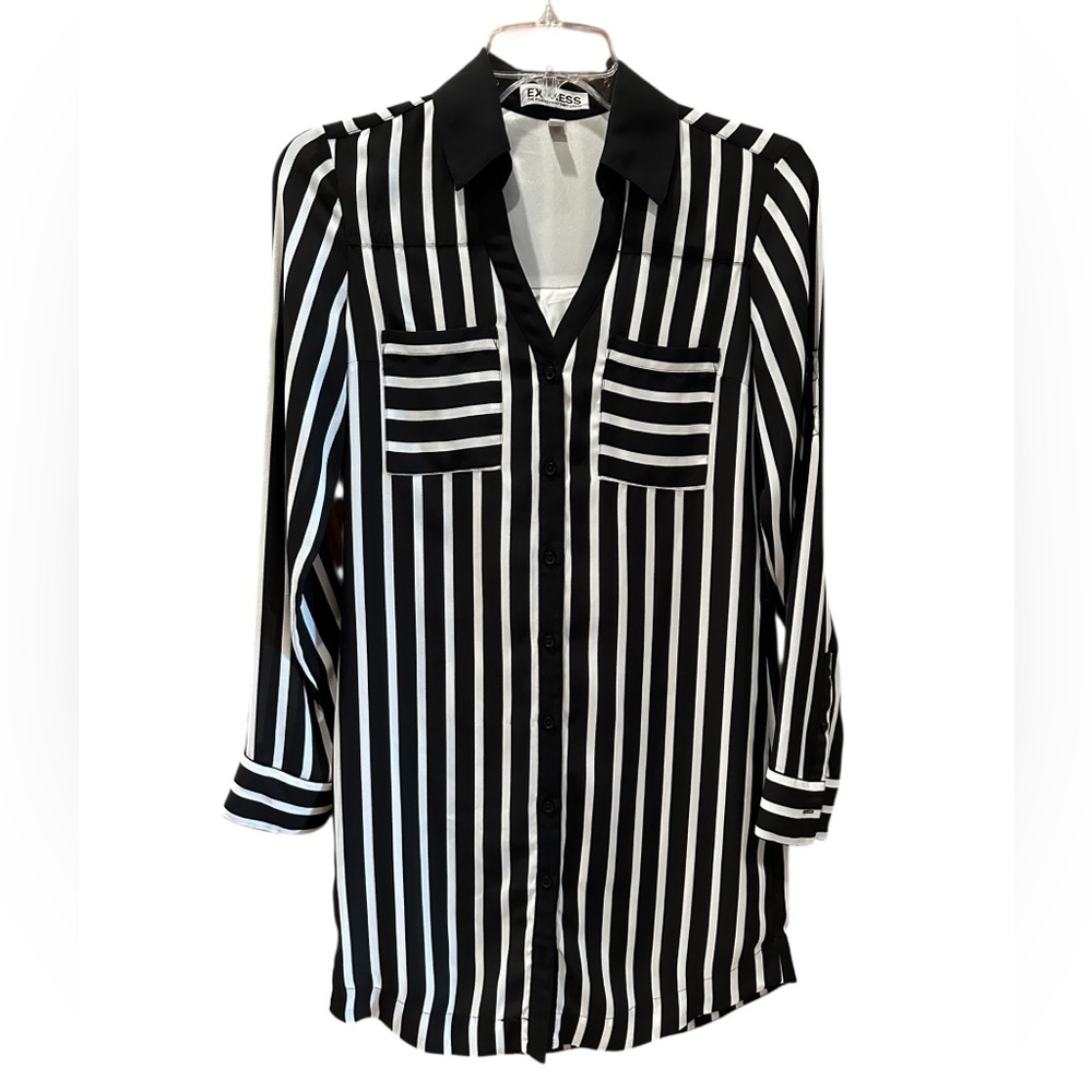 Express The Portofino Black and White Striped Button Front Dress